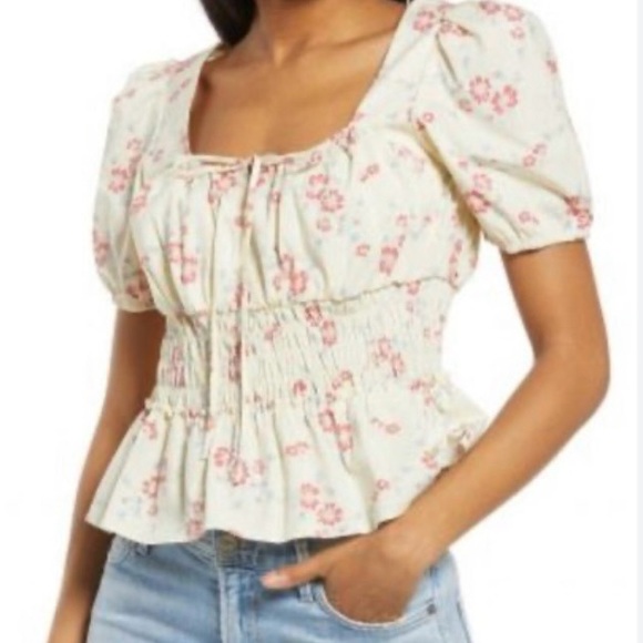 Wayf Tops - WAYF Lucian Floral Smocked Waist Top IVORY XSMALL